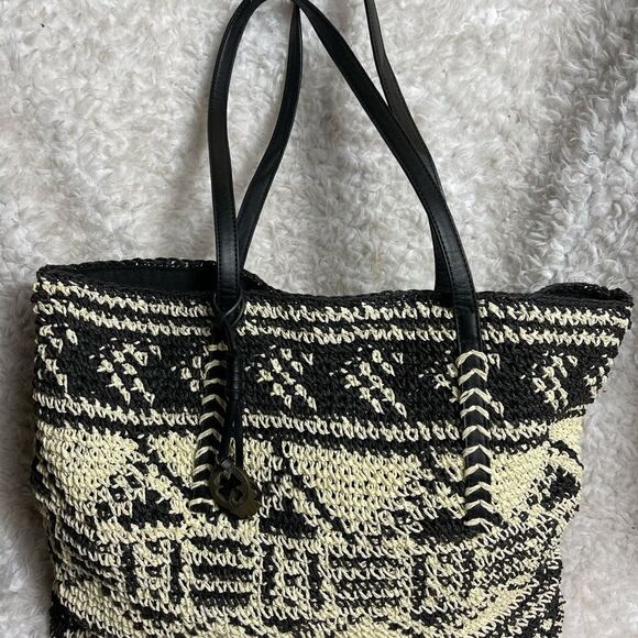 Lucky Brand Woven Texture Boho Black & Ivory black Handle Tribal Large Tote Bag - Picture 6 of 13